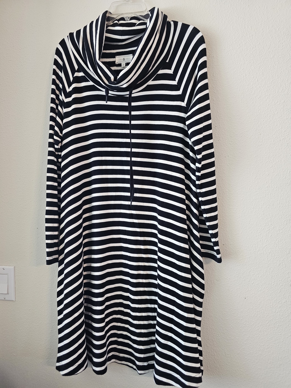Lou & Grey Black and White Striped Long Sleeve Cowl Neck Dress